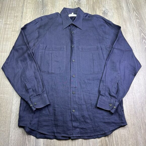 Idea Uomo Linen Button Up Shirt Men's Size M Medium Navy Blue Made In Italy - Picture 2 of 13